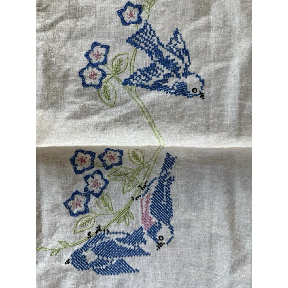 VTG Cotton Embroidered  Cross Stitch Tablecloth With Gingham Bluebird 68 X 54”